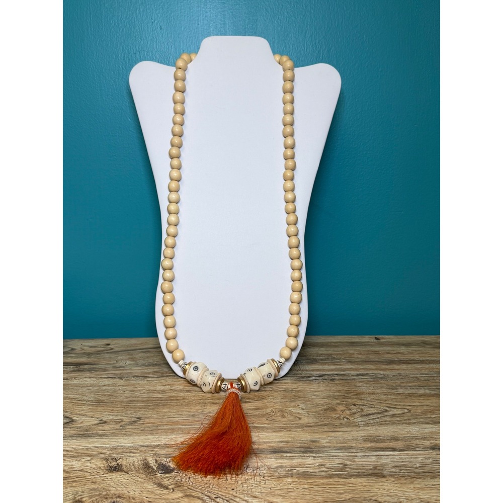 Carolina Strung Wood Bead Horsehair Tassel Necklace Boho Tribal Eye Motif Long